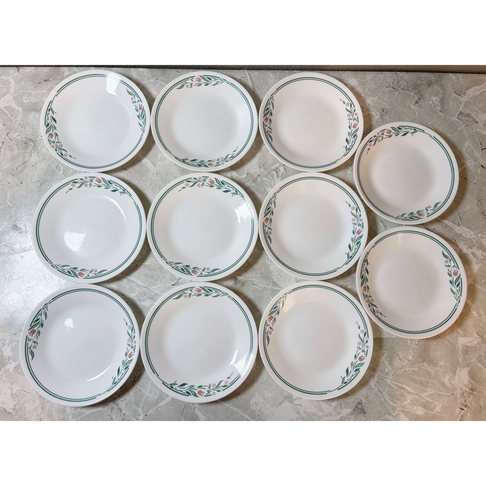 Corelle English Breakfast Bread & Butter Plates Set of 11 Pink Tulip Green 6 3/4